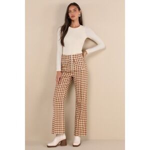 Lulus Adorably Classic Rust And Beige Gingham High-rise Pants Brown - Size M